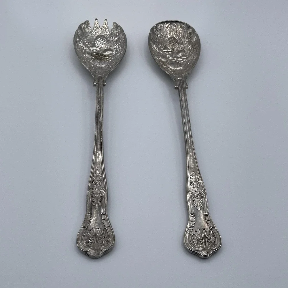 Silverplate Salad Serving Set Vintage English Fruit Repousse 2 Pc Fork and Spoon